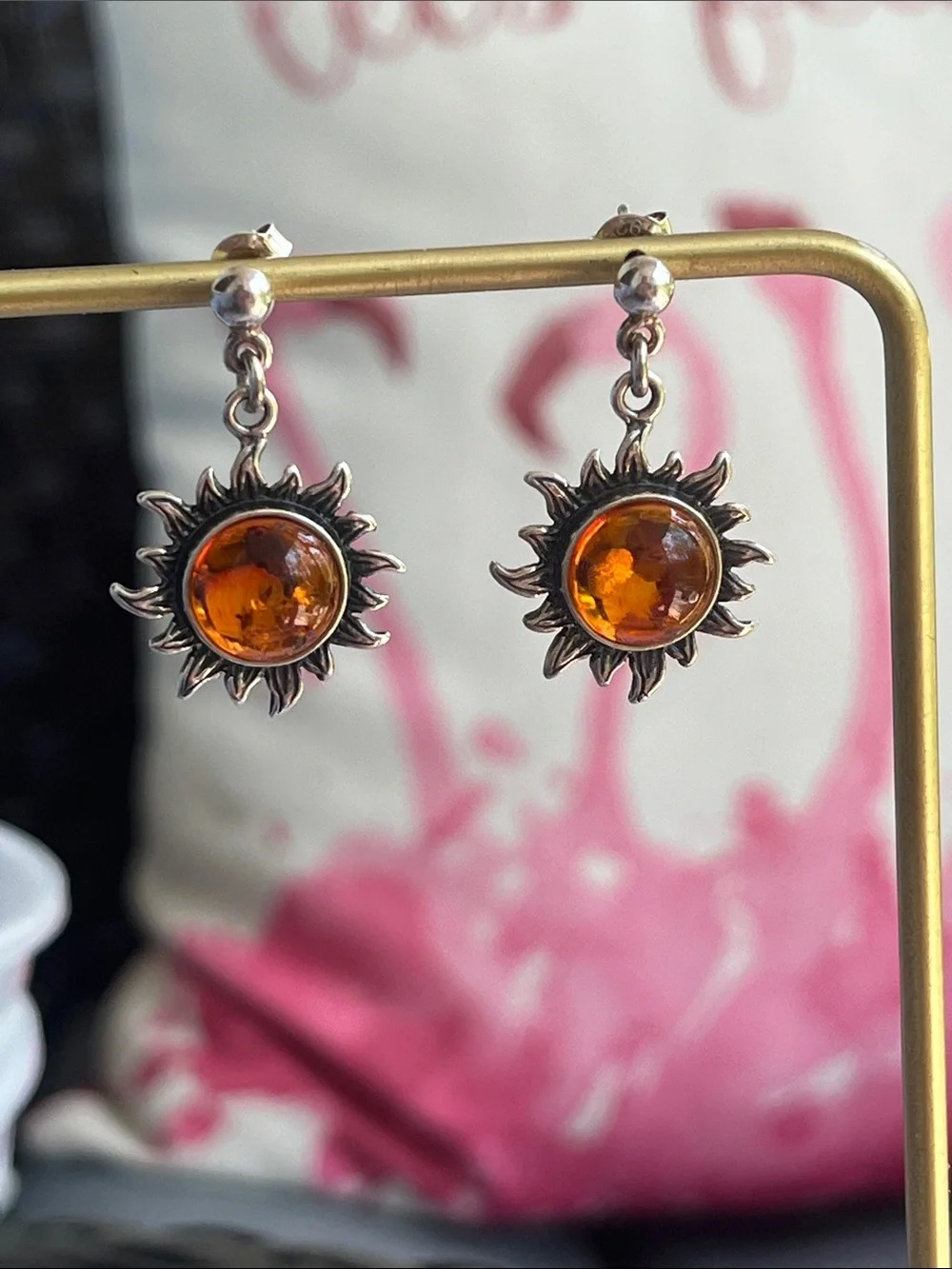 Sterling Silver Amber Sunburst Dangle Earrings - Picture 3 of 13